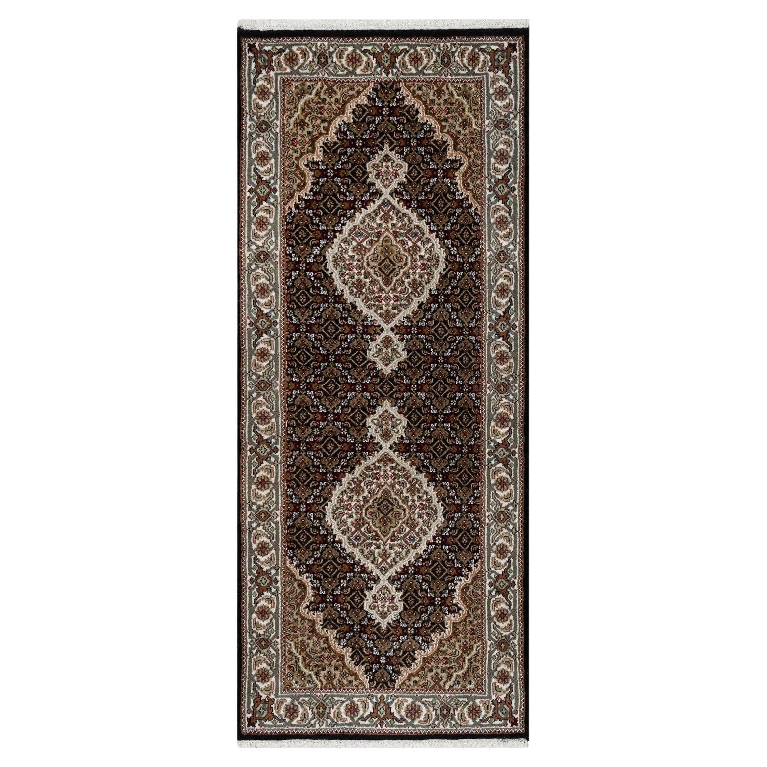 2'7"x6'3" Black Hand Knotted Tabriz Mahi with Medallion Design Wool Runner Rug