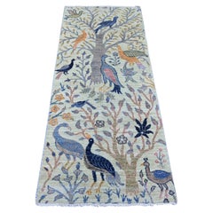 2'7"x6'3" Green Peshawar Birds of Paradise Design Hand Knotted Wool Runner Rug