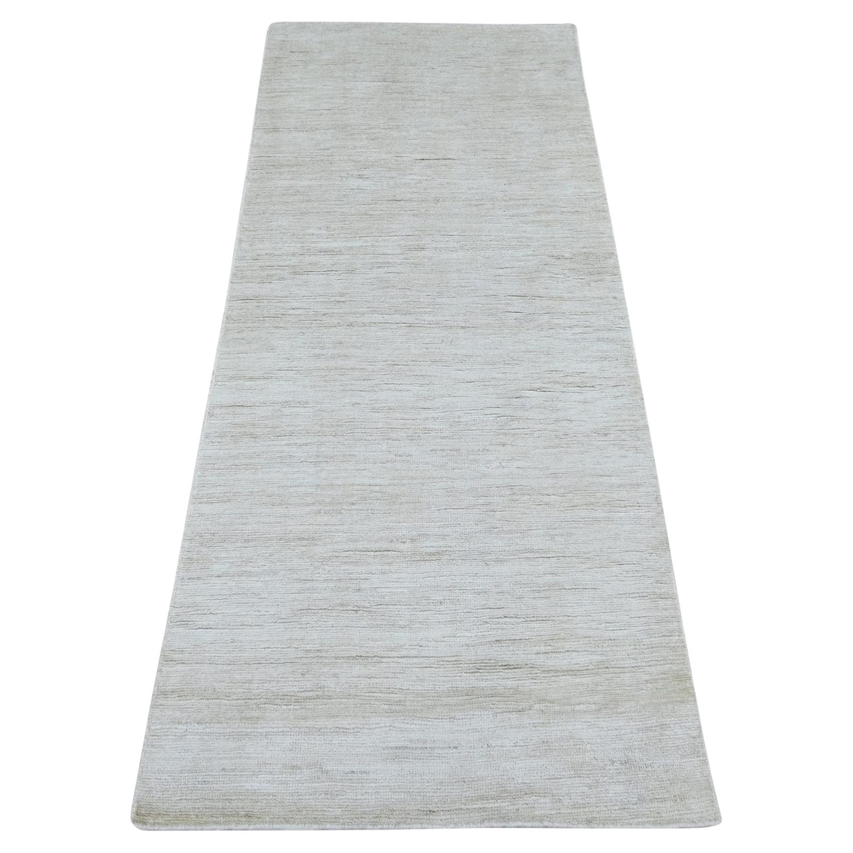 2'7"x6'3" Ivory Plain Solid Pattern Hand Knotted Ghazni Wool Runner Oriental Rug For Sale