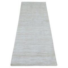 2'7"x6'3" Ivory Plain Solid Pattern Hand Knotted Ghazni Wool Runner Oriental Rug