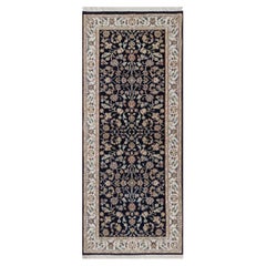 2
7"x6
3" Navy Blue Nain Floral Pattern Wool and Silk Hand Knotted Runner Rug