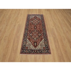 2'7"x6'3" Red Antiqued Fine Heriz Re-Creation Hand Knotted Soft Wool Runner Rug