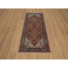 2'7"x6'3" Red Antiqued Fine Heriz Re-Creation Pure Wool Hand Knotted Runner Rug