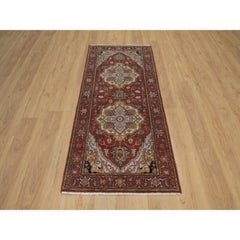 2'7"x6'3" Red Antiqued Fine Heriz Re-Creation Soft Wool Hand Knotted Runner Rug