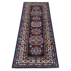 2
7"x6
4" Yale Blue Afghan Super Kazak All Wool Hand Knotted Runner Oriental Rug