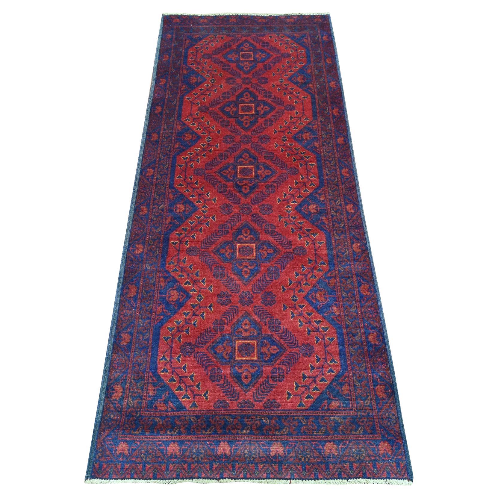 2
7"x6
5" Scarlet Red Soft Wool Afghan Andkhoy Geometric Design Hand Knotted Rug