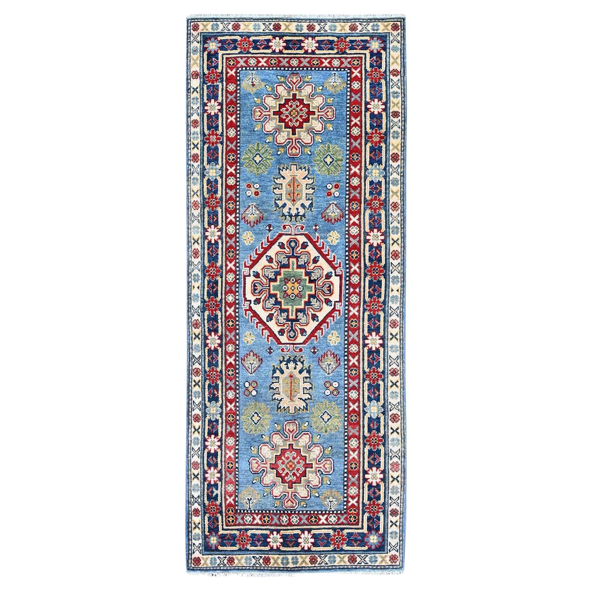 2
7 "x6
7" Blauer Kazak mit Medaillon Design Weiche Wolle Handgeknüpft Läufer Teppich