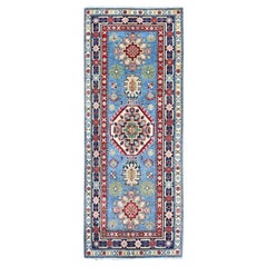 2
7 "x6
7" Blauer Kazak mit Medaillon Design Weiche Wolle Handgeknüpft Läufer Teppich