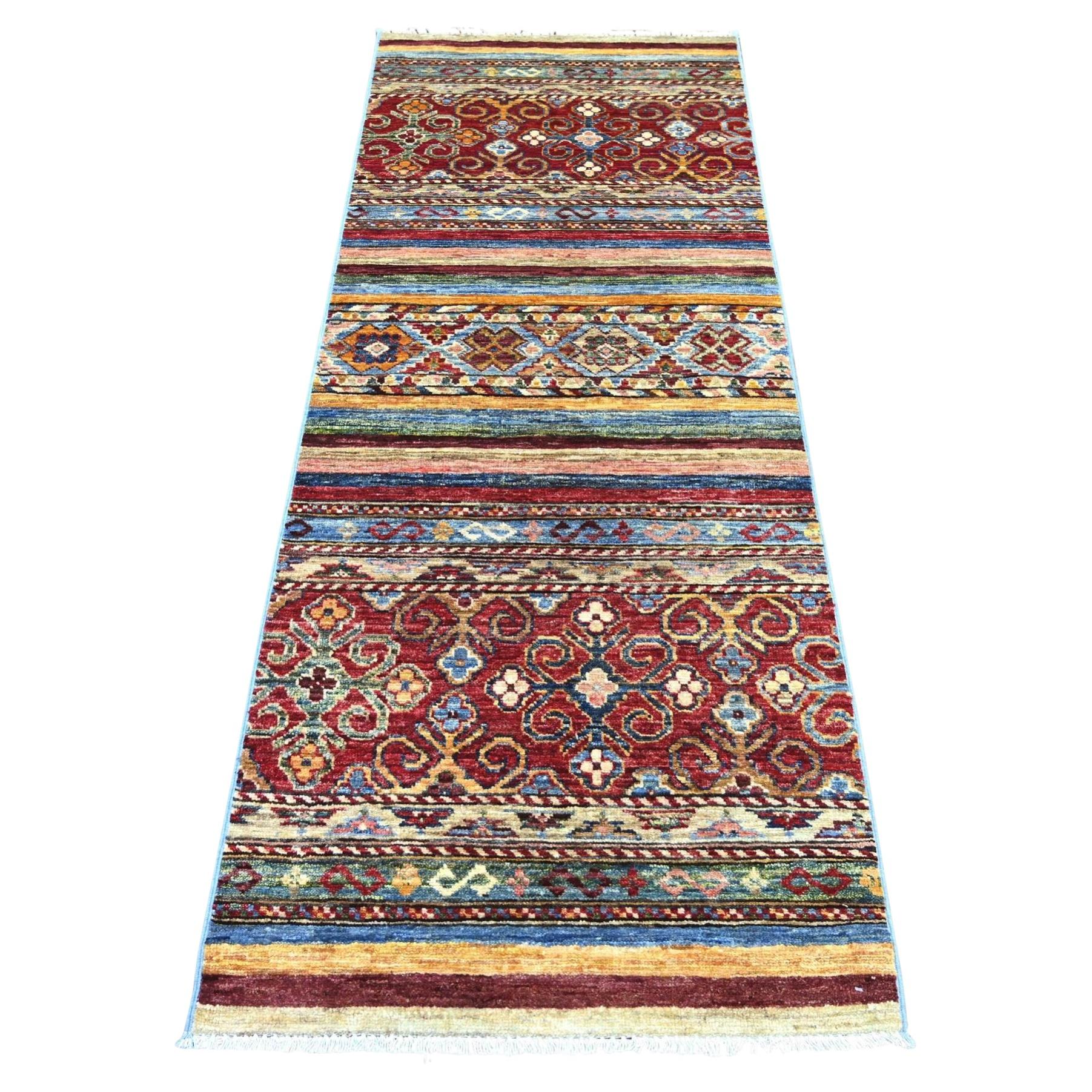 2'7"x6'7" Colorful Pure Wool Hand Knotted Afghan Super Kazak Runner Rug