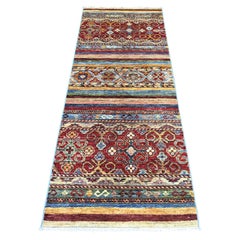 2'7"x6'7" Colorful Pure Wool Hand Knotted Afghan Super Kazak Runner Rug
