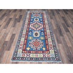 2'7"x6'7" Denim Blue Kazak with Tribal Design Hand Knotted Soft Wool Runner Rug