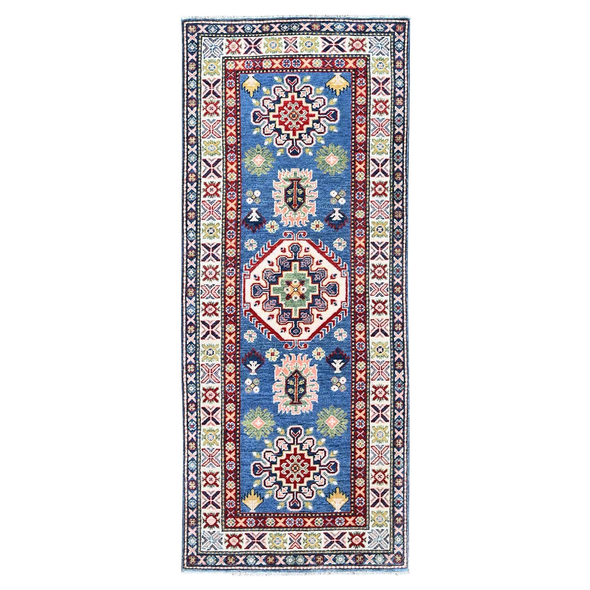 2
7"x6
7" Denim Blue Kazak with Tribal Design Hand Knotted Soft Wool Runner Rug