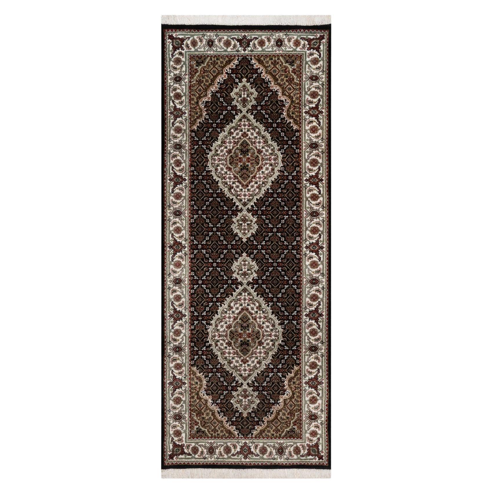 2
7"x6
9" Smoky Black 100% Wool Tabriz Mahi Fish Medallion Design Runner Rug