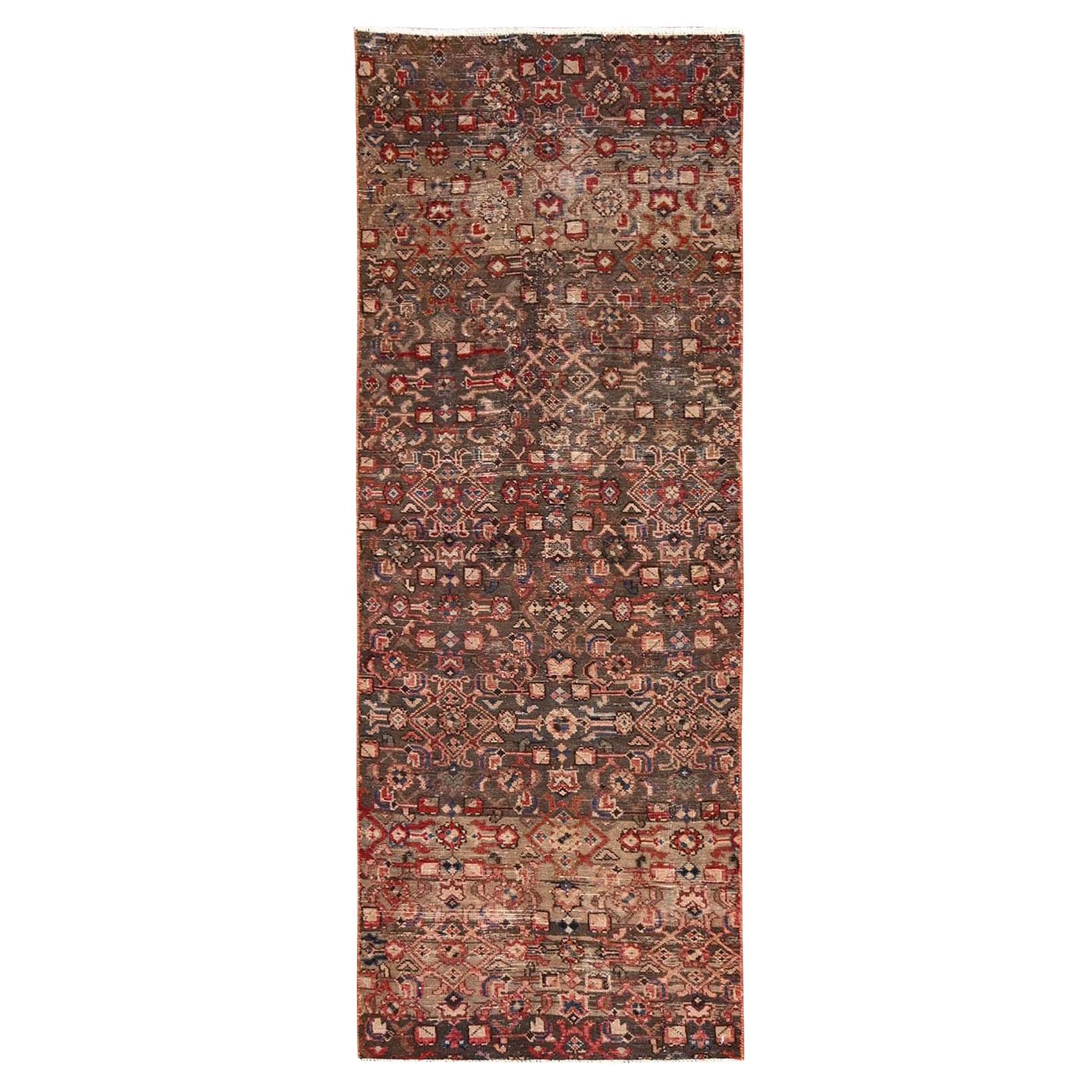2
7"x7
1" Brown Vintage Persian Hamadan Hand Knotted Pure Wool Runner Rug