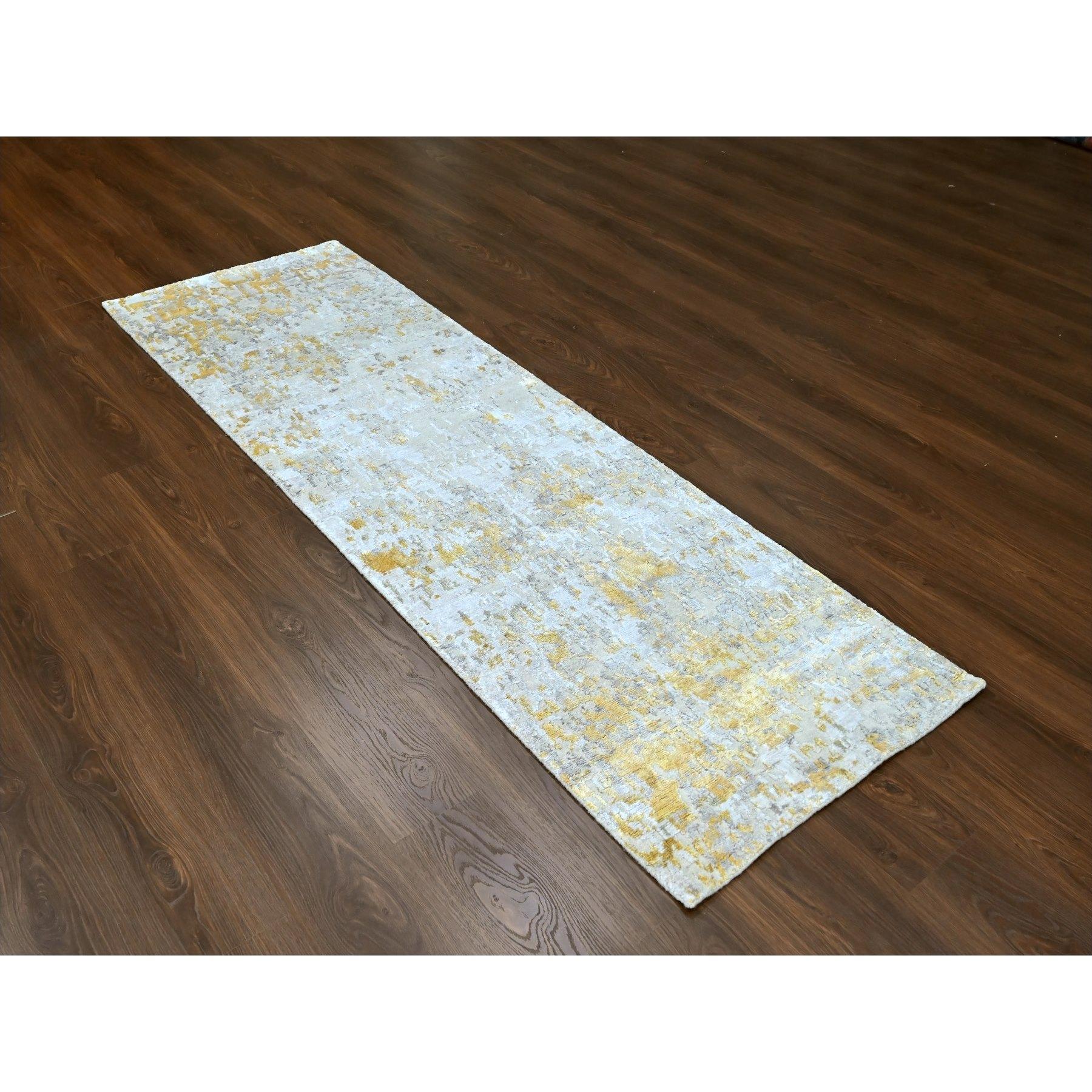 Beige with Gold, Abstract Design, Wool and Silk, Hi-Low Pile, Densely Woven, Hand Knotted, Runner, Oriental Rug
Primary materials: Wool & Silk
Latex: No Pile 
height: 0.25 Inches
Style: Contemporary
Primary color: Beige
Secondary colors: Yellow,