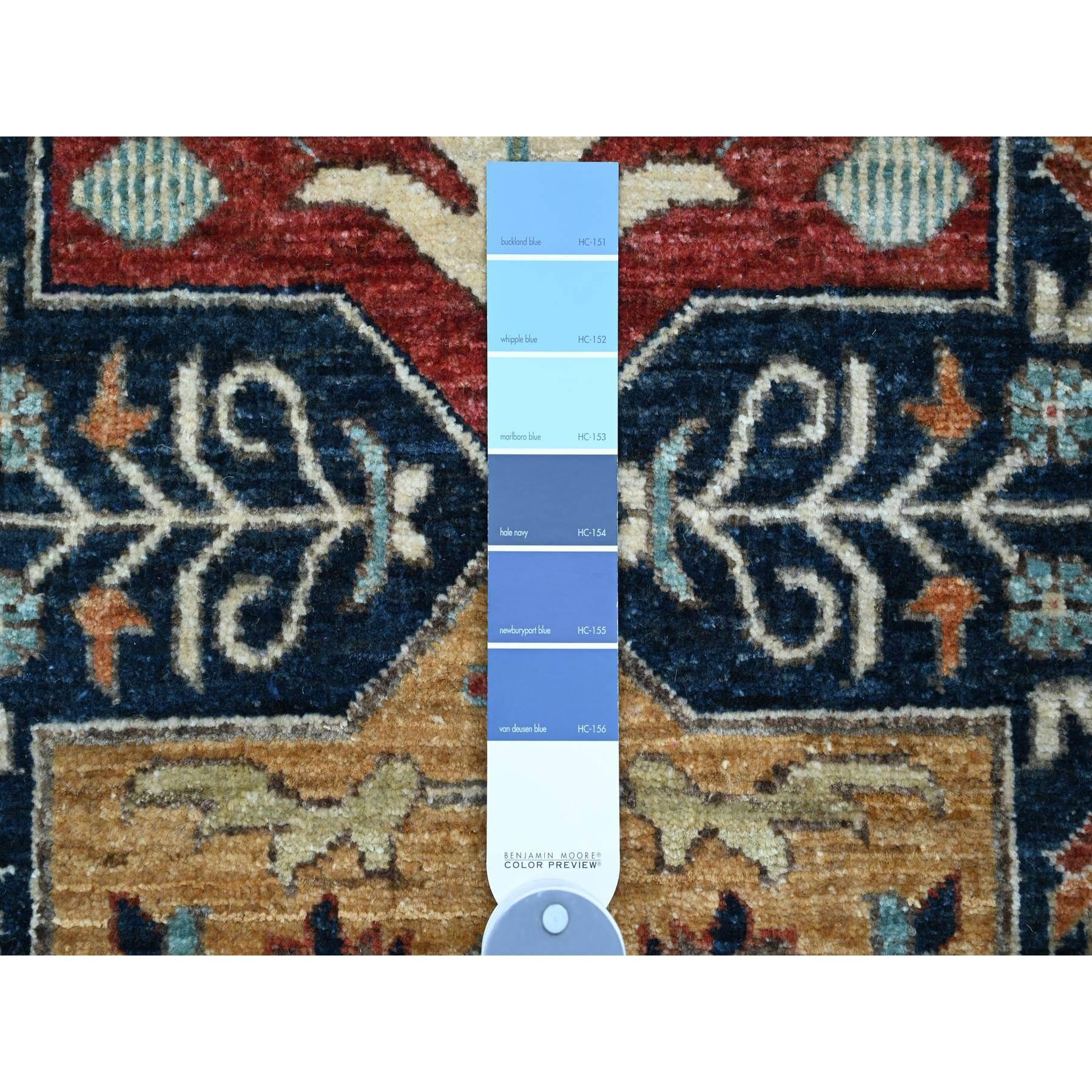 Oushak Tappeto Runner in lana annodata a mano con design Akstafa, blu Peshawar Caucasico, 2'7 