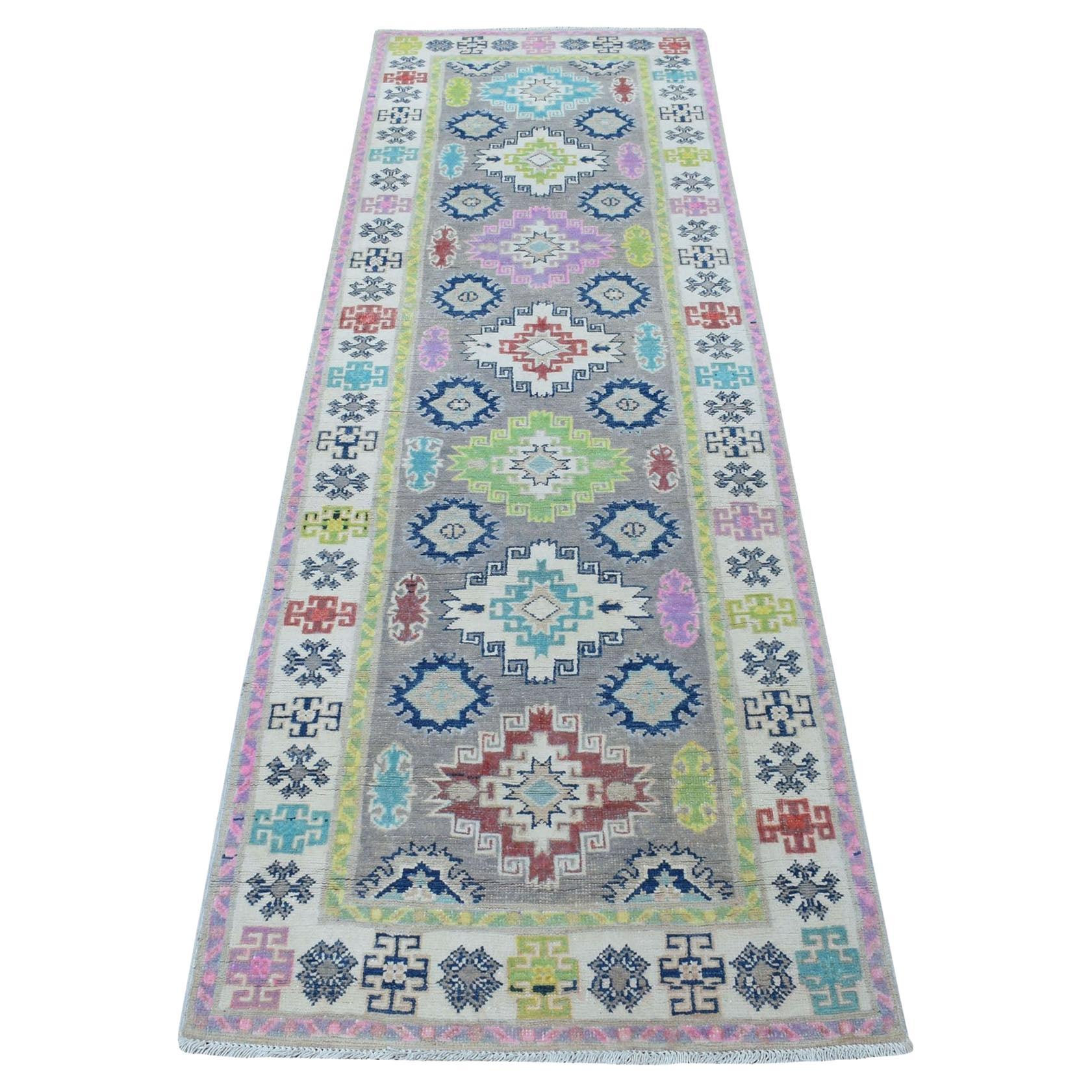 Tappeto Runner in lana organica annodata a mano 2
7 "x7
10" grigio Fusion Kazak Tribal Design