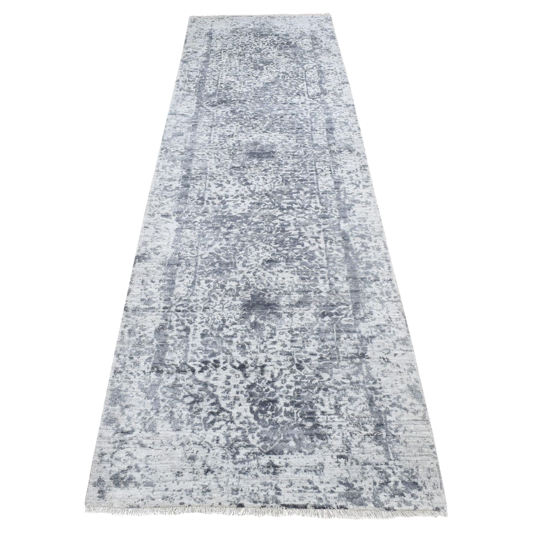 2
7"x7
10" Gray, Hand Knotted, Erased Persian Design, Wool and Silk Runner Rug