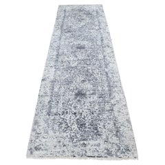 2
7"x7
10" Gray, Hand Knotted, Erased Persian Design, Wool and Silk Runner Rug