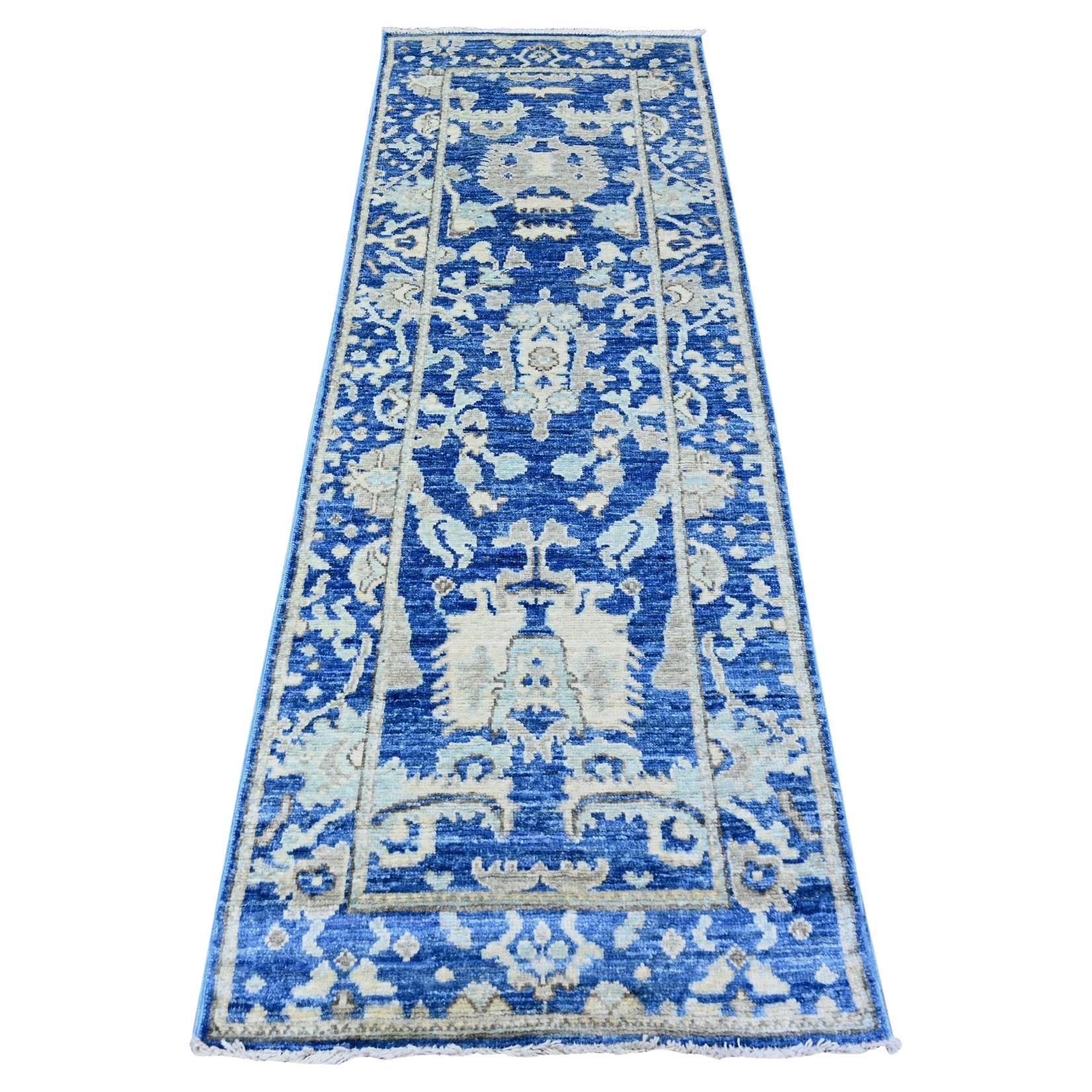 2'7"x7'10" Luxe Blue Afghan Angora Oushak Hand Knotted Wool Runner Oriental Rug