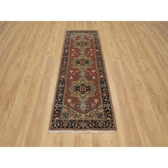 2'7"x7'10" Red Hand Knotted Heriz Revival Medallion Design Pure Wool Runner Rug