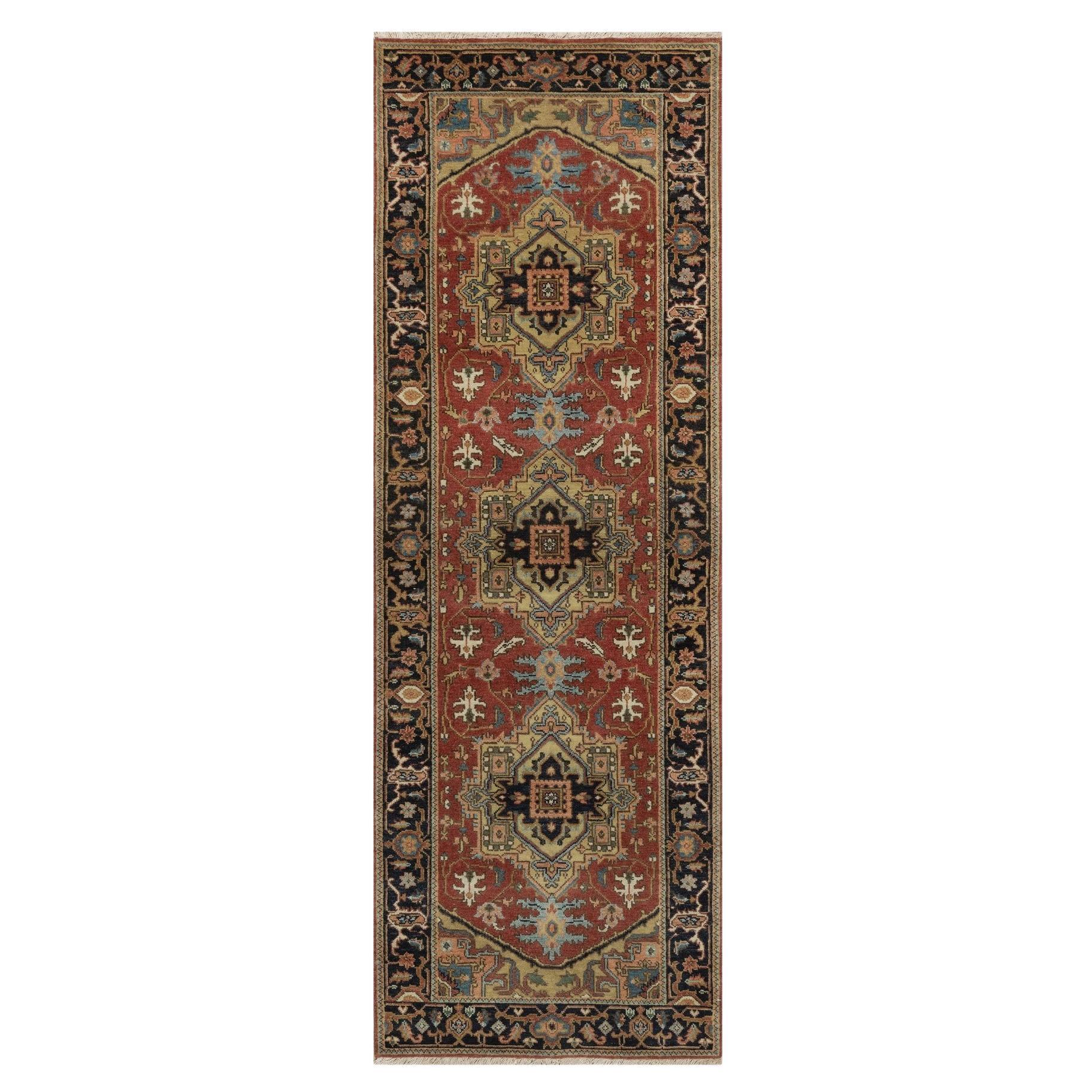 2
7"x7
10" Red Hand Knotted Heriz Revival Medallion Design Pure Wool Runner Rug