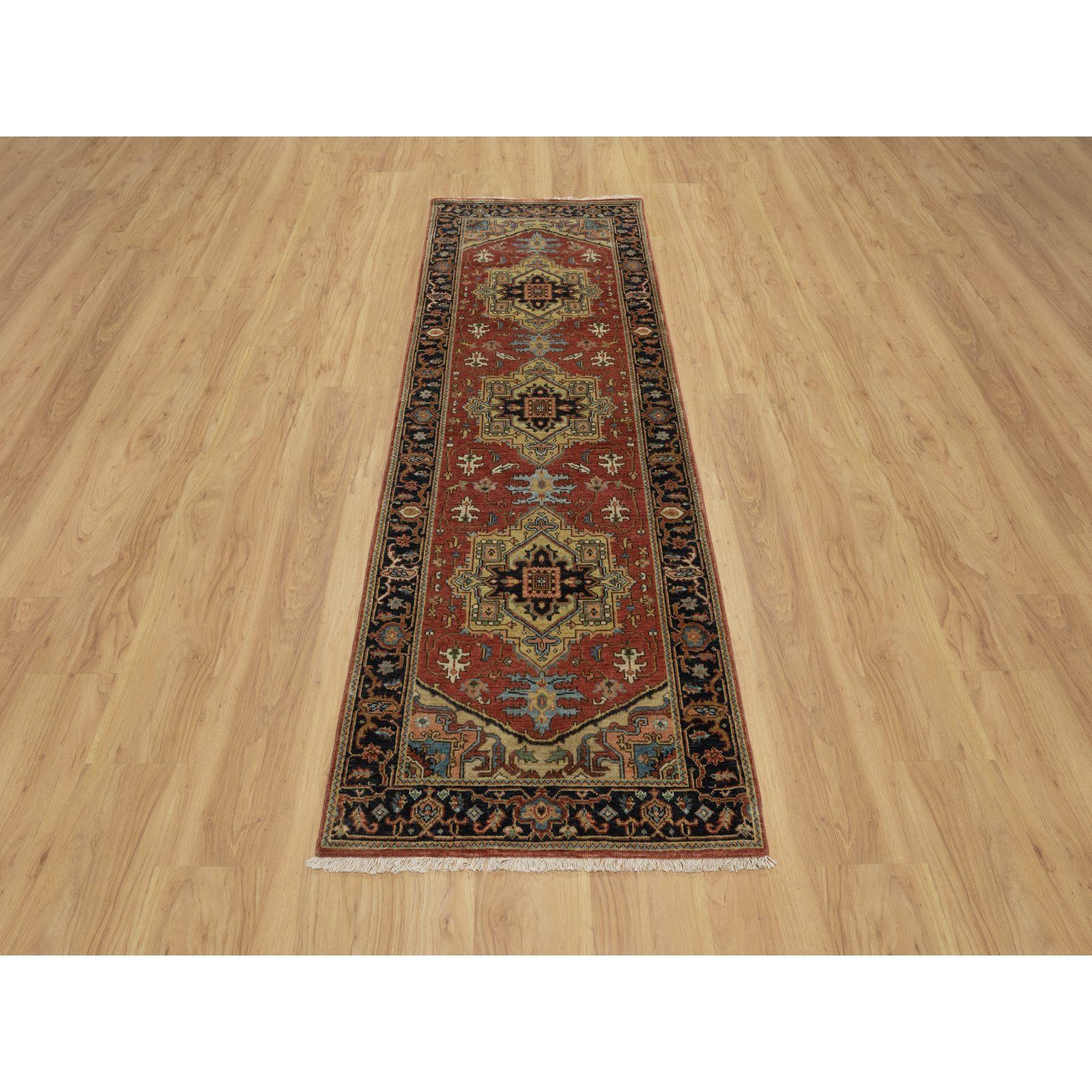 Scarlet Red, Hand Spun New Zealand Wool, Heriz Revival with Medallion Design, Densely Woven, Hand Knotted, Runner, Oriental Rug
Primary materials: Wool
Latex: No Pile 
height: 0.25 Inches
Style: Traditional
Primary color: Red
Secondary colors: