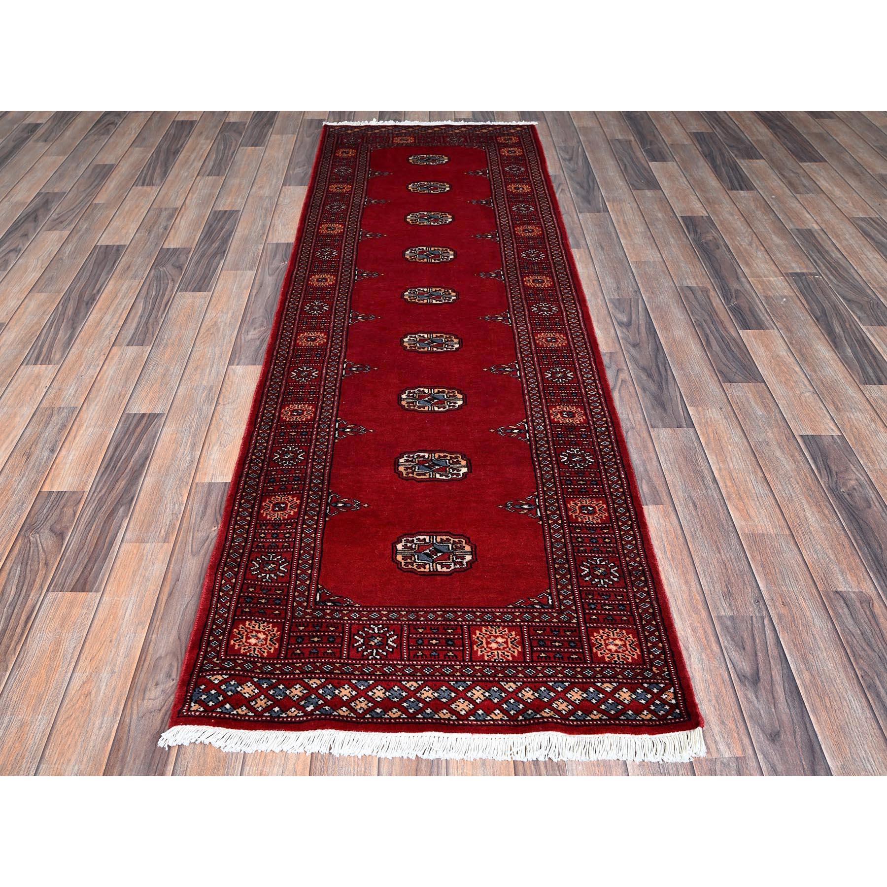 Scarlet Red, Princess Bokara with Tribal Medallions, Vegetable Dyes, Soft and Velvety Wool, Hand Knotted, Runner, Oriental Rug
Primary materials: Wool
Latex: No Pile 
height: 0.25 Inches
Style: Traditional
Primary color: Red
Secondary colors: Gray,
