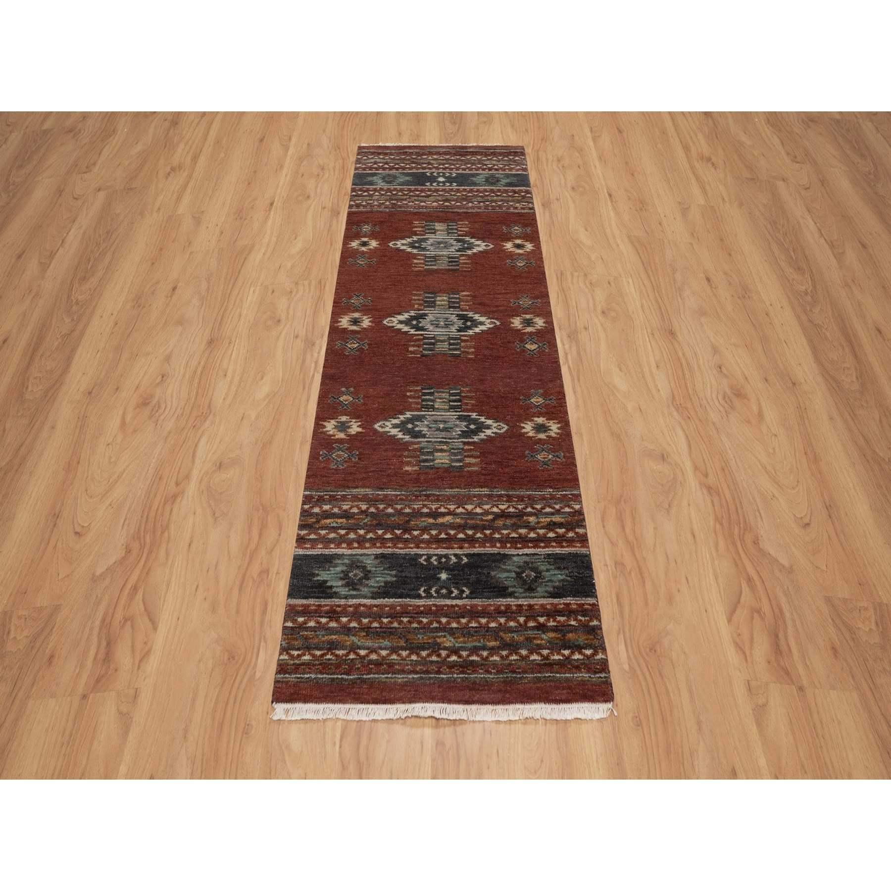 Garnet Red, Southwest American Indian Design with Piled Construction, 100% Wool, Plush and Lush, Hand Knotted, Runner, Oriental Rug
Primary materials: Wool
Latex: No Pile 
height: 0.25 Inches
Style: Traditional
Primary color: Red
Secondary colors: