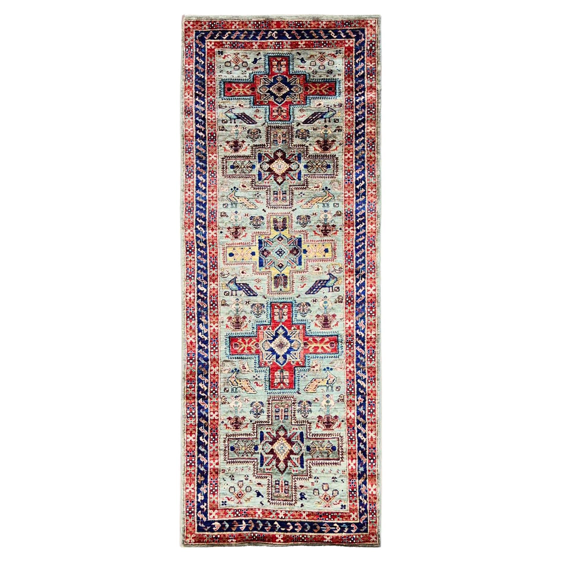 2
7"x7
4" Gray Hand Knotted Armenian Inspired Caucasian Design Wool Runner Rug