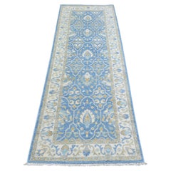 2'7 "x7'7" Bleu clair, Tapis de course en laine fine veloutée de Peshawar nouée à la main