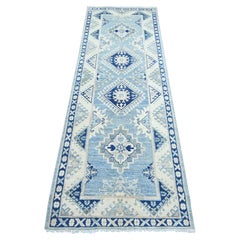 2'7"x7'8" Blue Vintage Look Kazak with Medallions Hand Knotted Wool Runner Rug