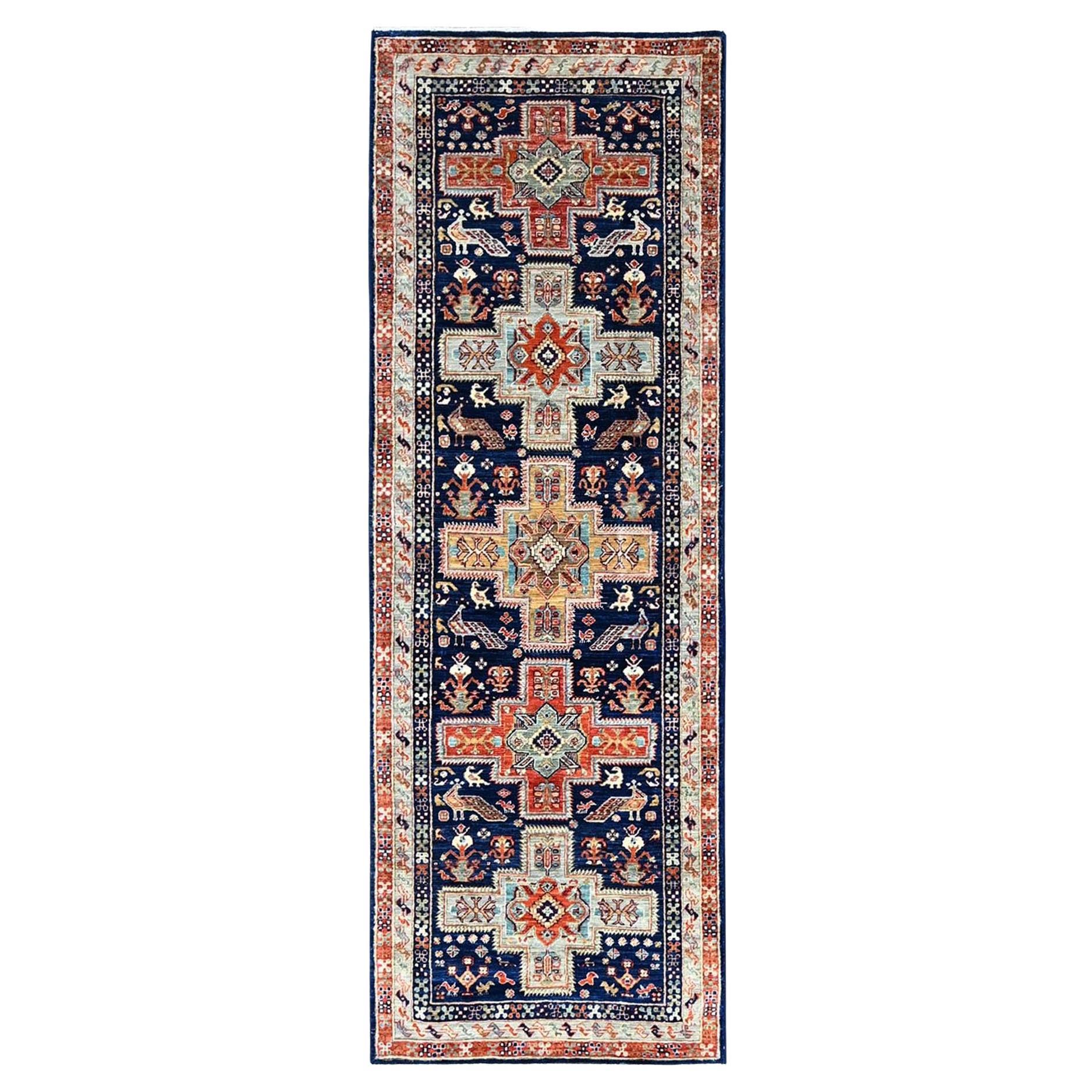 Tappeto orientale in lana di ispirazione armena con design caucasico 2'7 "x7'9" Blue Runner