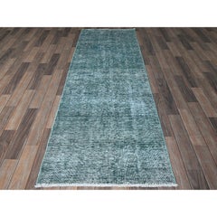 2'7"x7'9" Overdyed Green Vintage Persian Tabriz Hand Knotted All Wool Runner Rug