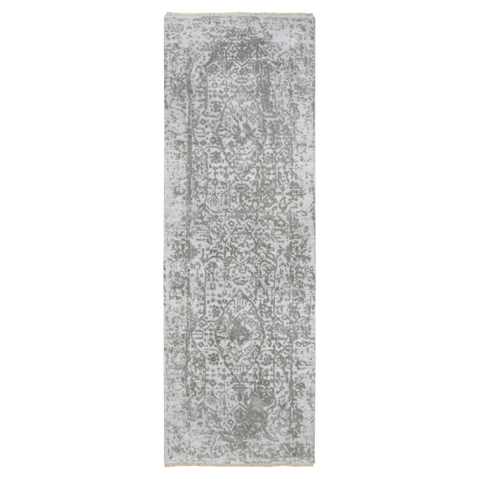 2'7 "x7'9" Alfombra de Lana y Seda Pura Anudada a Mano Gris Roto Diseño Persa Alfombra de Corredor