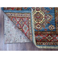 2'7"x8' Blue Afghan Super Kazak Geometric Medallions Design Wool Runner Rug