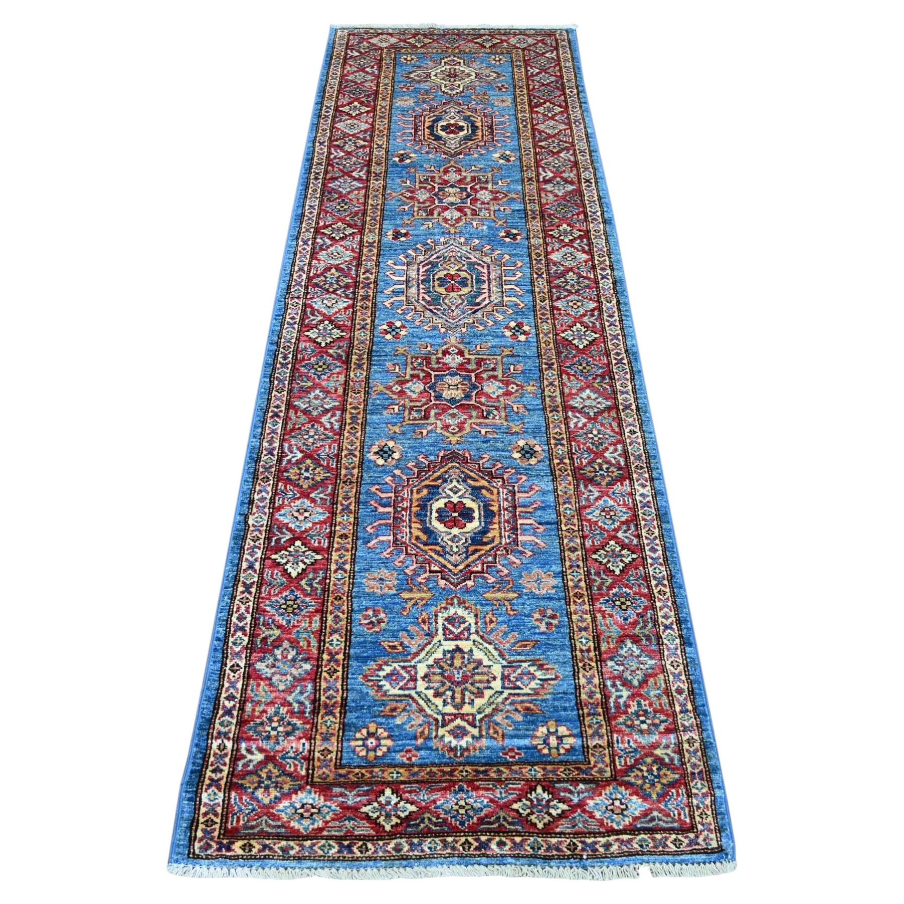 2'7"x8' Blue Afghan Super Kazak Geometric Medallions Design Wool Runner Rug For Sale
