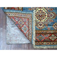 2'7"x8' Blue Afghan Super Kazak Medallions Design Hand Knotted Wool Runner Rug