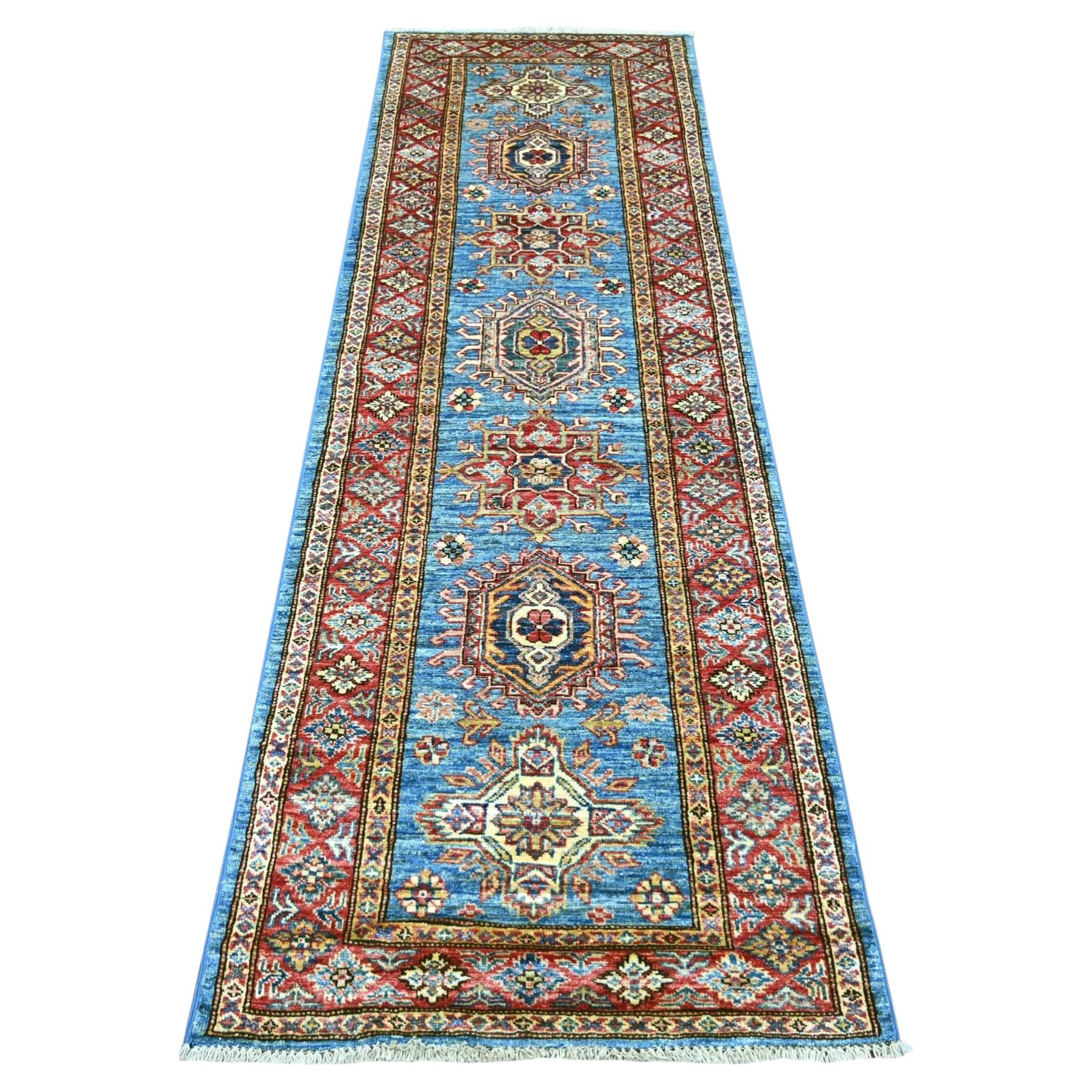 2'7"x8' Blue Afghan Super Kazak Medallions Design Hand Knotted Wool Runner Rug