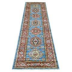 2'7"x8' Blue Afghan Super Kazak Medallions Design Hand Knotted Wool Runner Rug