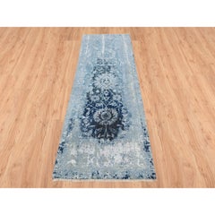 2'7"x8' Blue-Teal Persian Tabriz Wool and Silk Hand Knotted Runner Rug