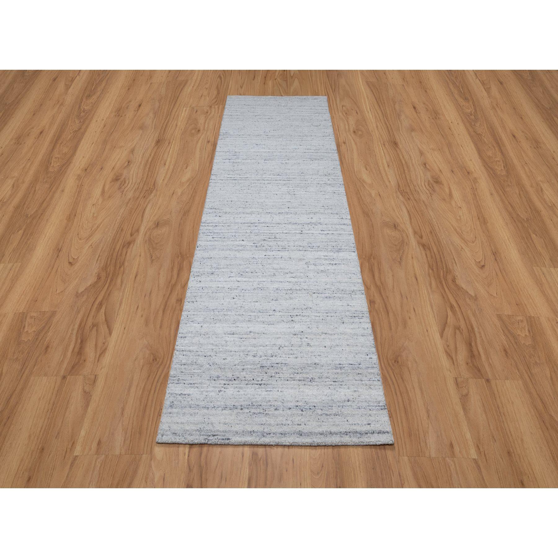 Cloud Gray, Plush and Lush, Modern Striae Design, Tone on Tone, Soft Pile, Pure Wool, Hand Loomed, Runner, Oriental Rug
Primary materials: Wool
Latex: No Pile 
height: 0.25 Inches
Style: Transitional
Primary color: Grey
Secondary colors: