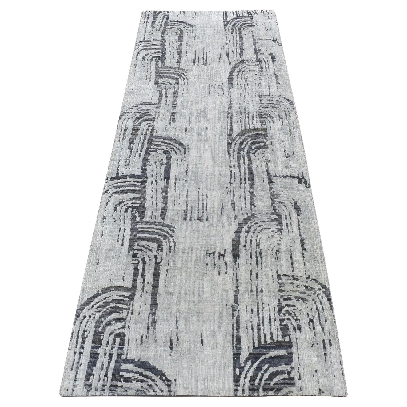 2'7"x8' Cloud Gray The Cane Design Silk with Wool Hand Knotted Runner Rug