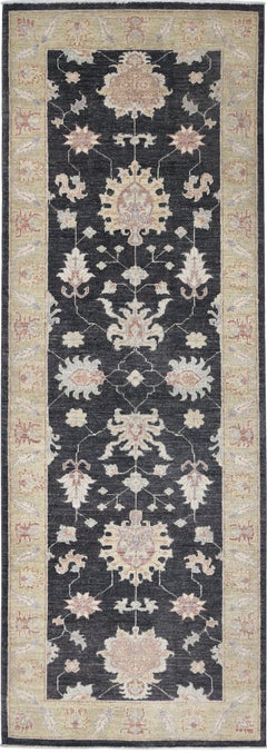 2.7x8 ft Black Hallway Runner. Kitchen Rug. Handknotted Corridor Rug. 100% Wool