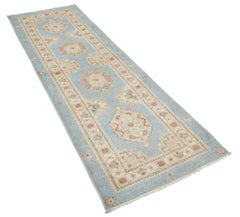 2.7x8 ft Light Blue, Beige, Red Runner Rug. Handknotted Hallway Rug. Kitchen Rug