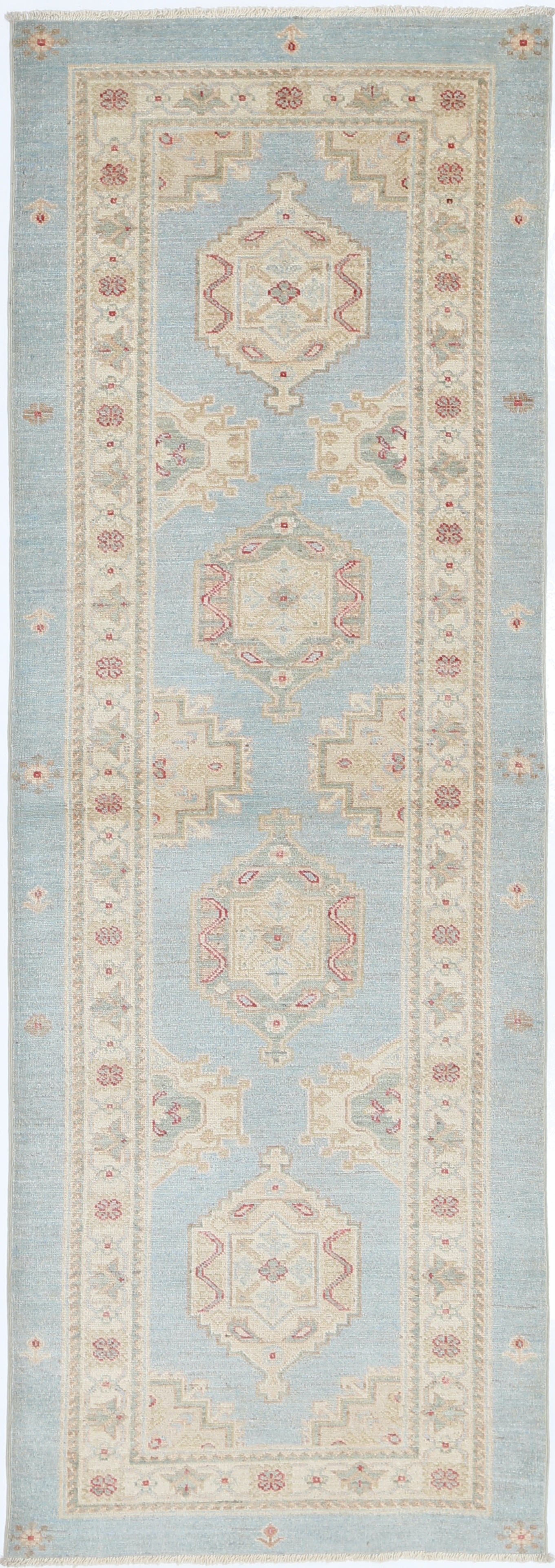 2.7x8 ft Light Blue, Beige, Red Runner Rug. Handknotted Hallway Rug. Kitchen Rug