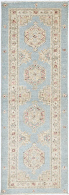 2.7x8 ft Light Blue, Beige, Red Runner Rug. Handknotted Hallway Rug. Kitchen Rug