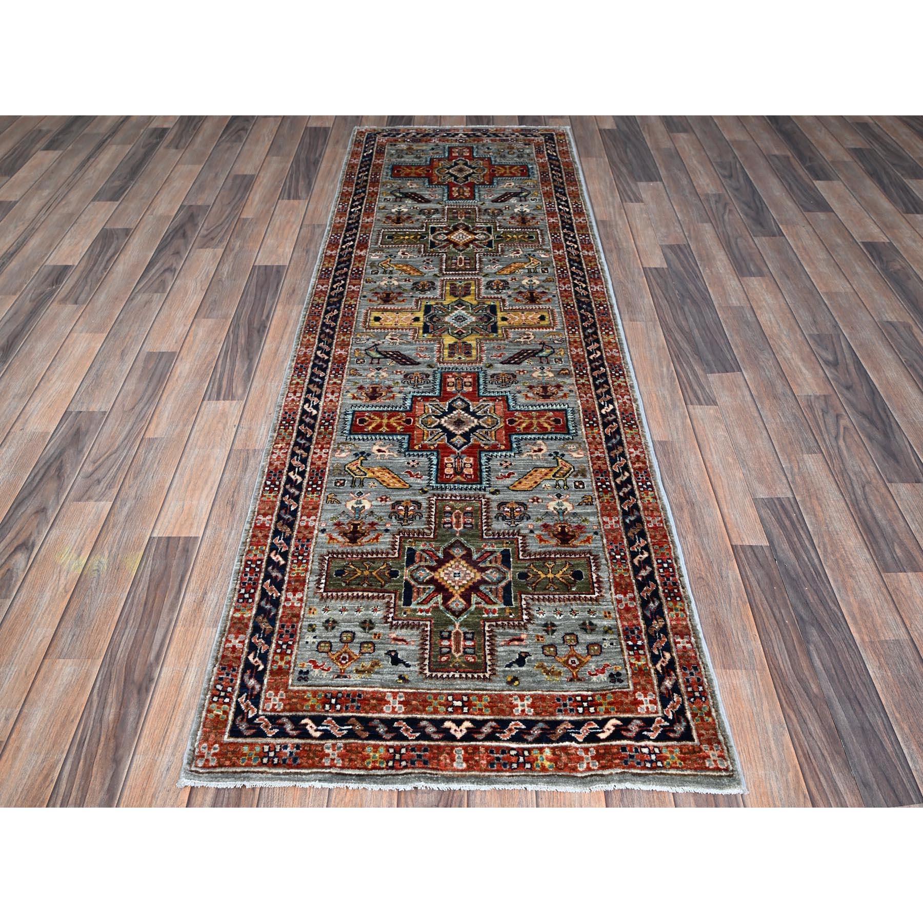 Misty Gray, Armenian Inspired Caucasian Design with Bird Figurines, Super Fine Wool, 200 KPSI, Hand Knotted, Vegetable Dyes, Denser Weave, Runner, Oriental Rug
Primary materials: Wool
Latex: No Pile 
height: 0.25 Inches
Style: Traditional
Primary