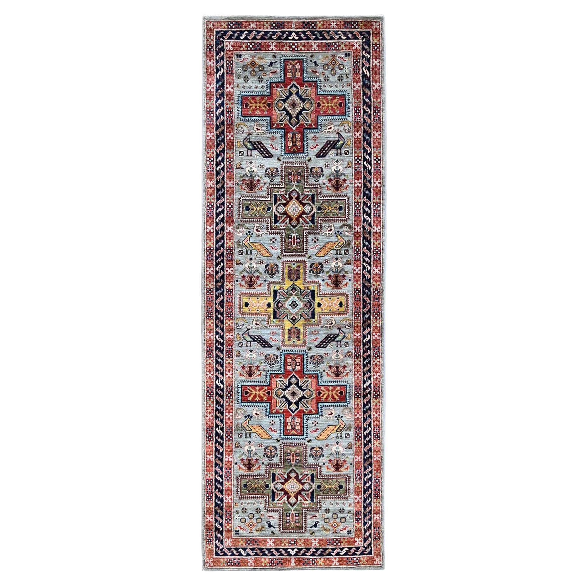 2'7"x8' Gray Hand Knotted Wool Armenian Inspired Caucasian Design Runner Rug