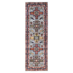 2'7"x8' Gray Hand Knotted Wool Armenian Inspired Caucasian Design Runner Rug